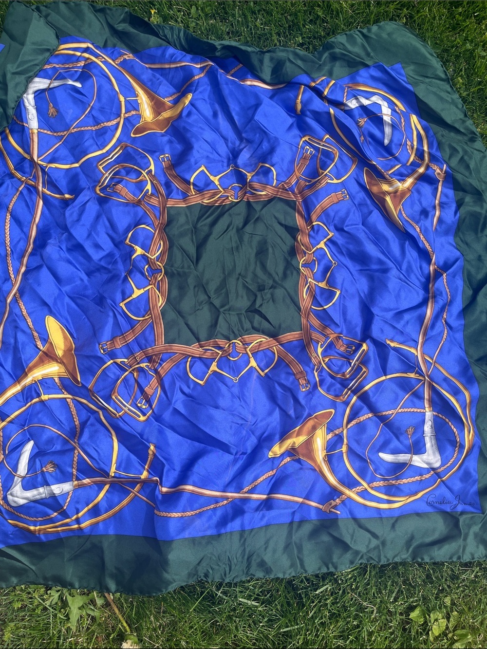 Corrnelia James vtg Blue & Green Equestrian Print Silk Scarf